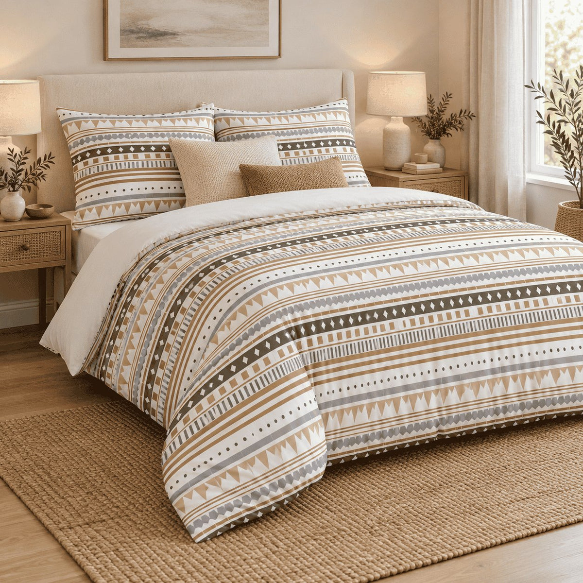 Sand Aztec Stripe duvet cover set, angled view showing tan triangle and grey hexagon bands across the duvet