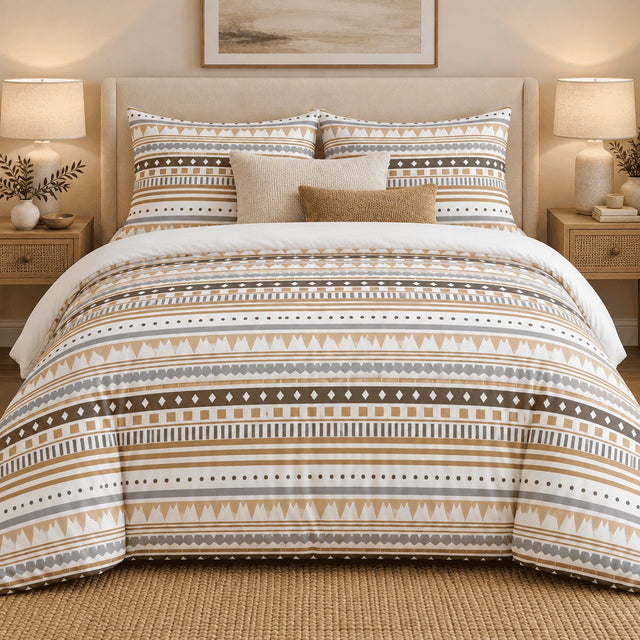 Sand Aztec Stripe duvet cover set, front view showing sand and taupe Aztec border stripes