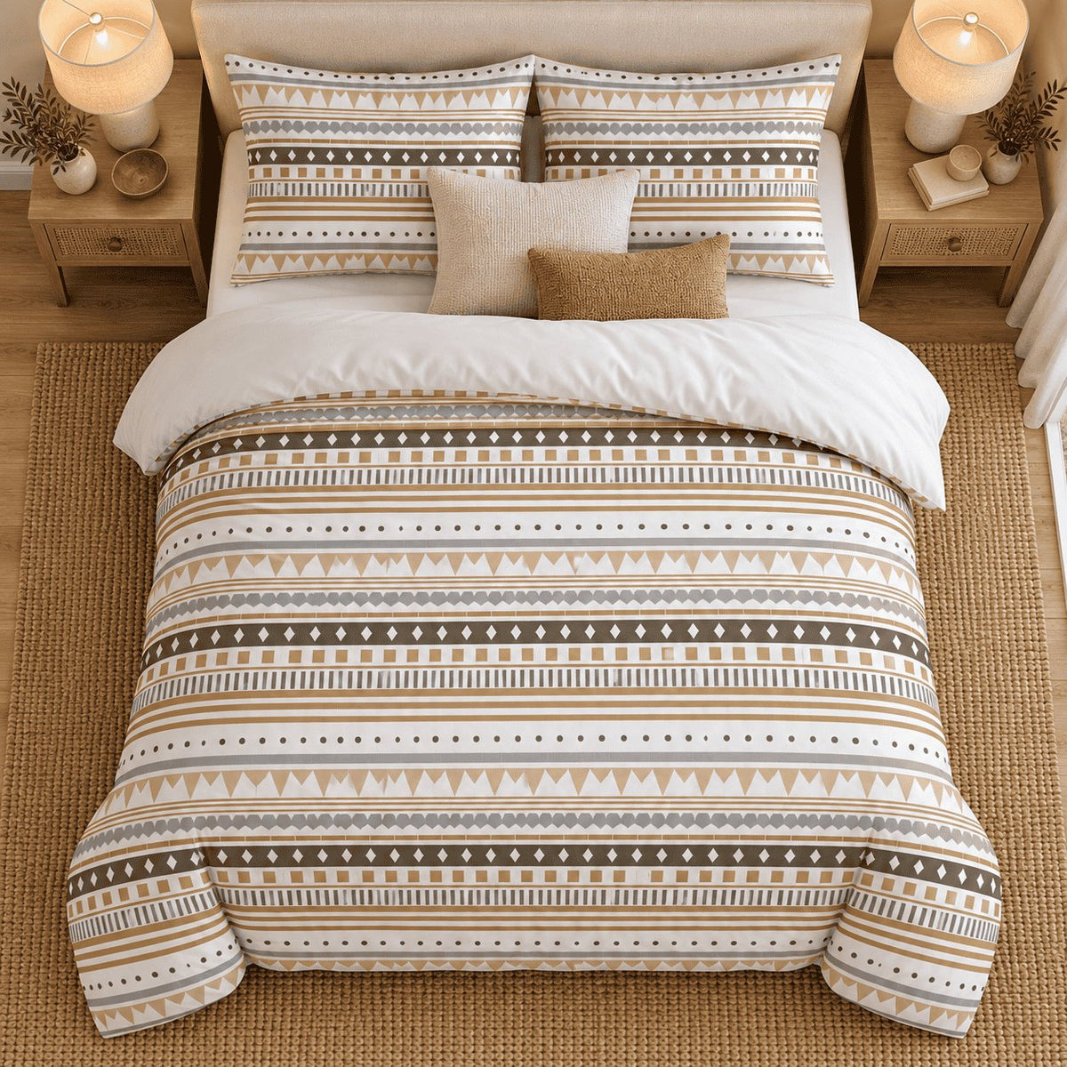 Sand Aztec Stripe duvet cover set, overhead view showing narrow Aztec bands from turndown to foot