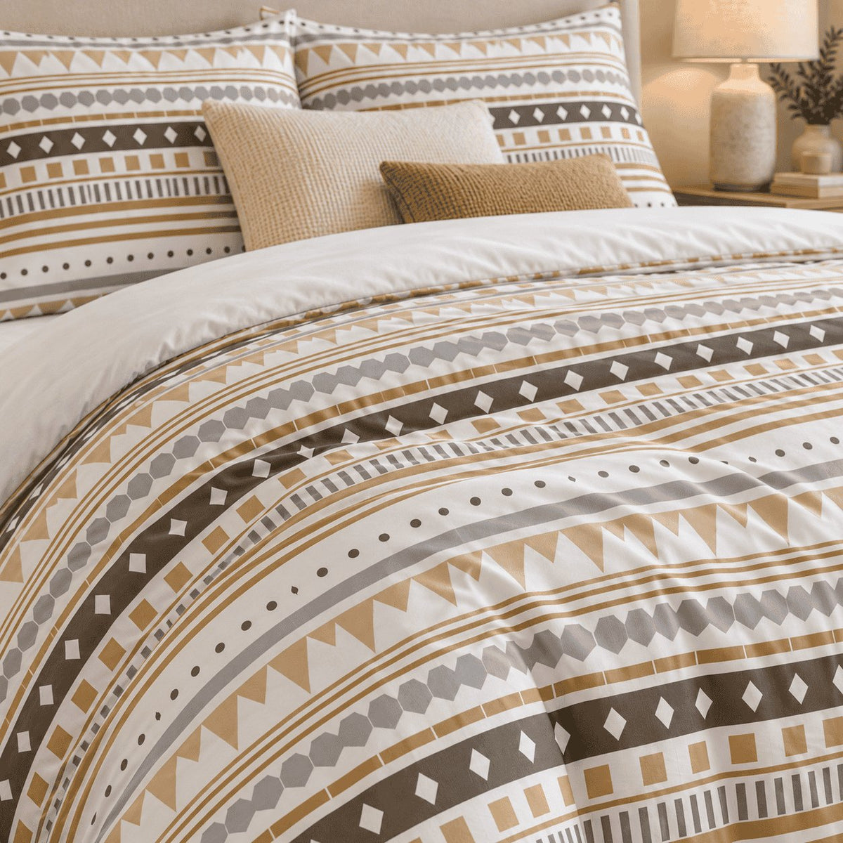 Sand Aztec Stripe duvet cover set, print detail showing tan sawtooth triangles, grey hexagons and white diamonds on taupe