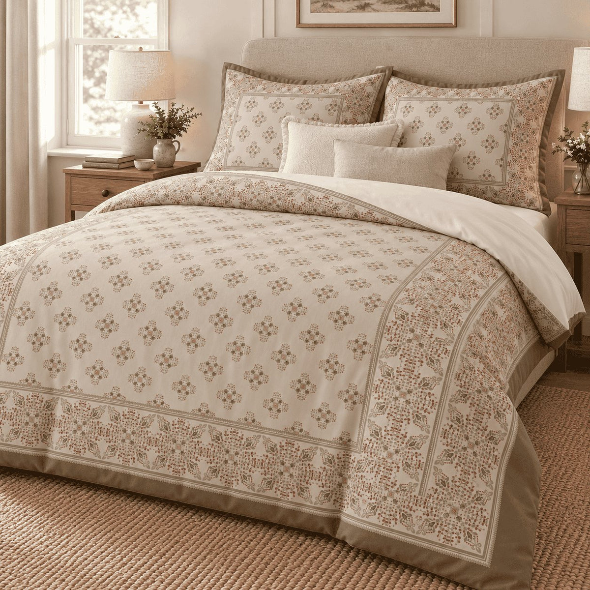 Sand Coral Framed Heritage duvet cover set, angled view showing the tile centre, berry border and two ivory cushions
