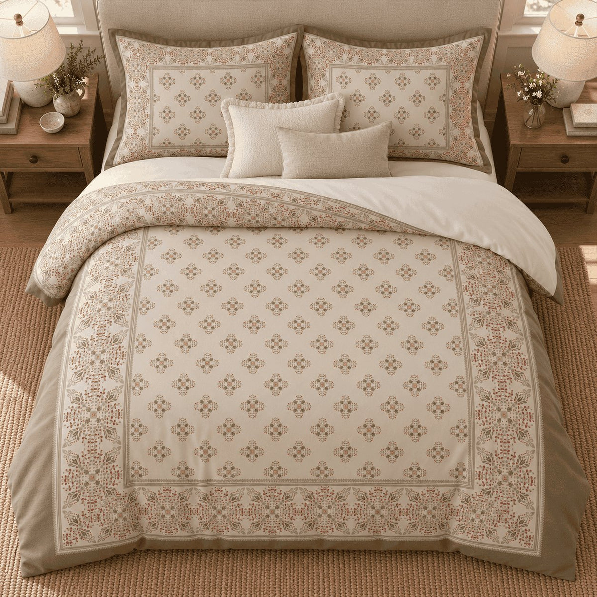Sand Coral Framed Heritage duvet cover set, overhead view showing rows of folk tiles framed by a taupe border