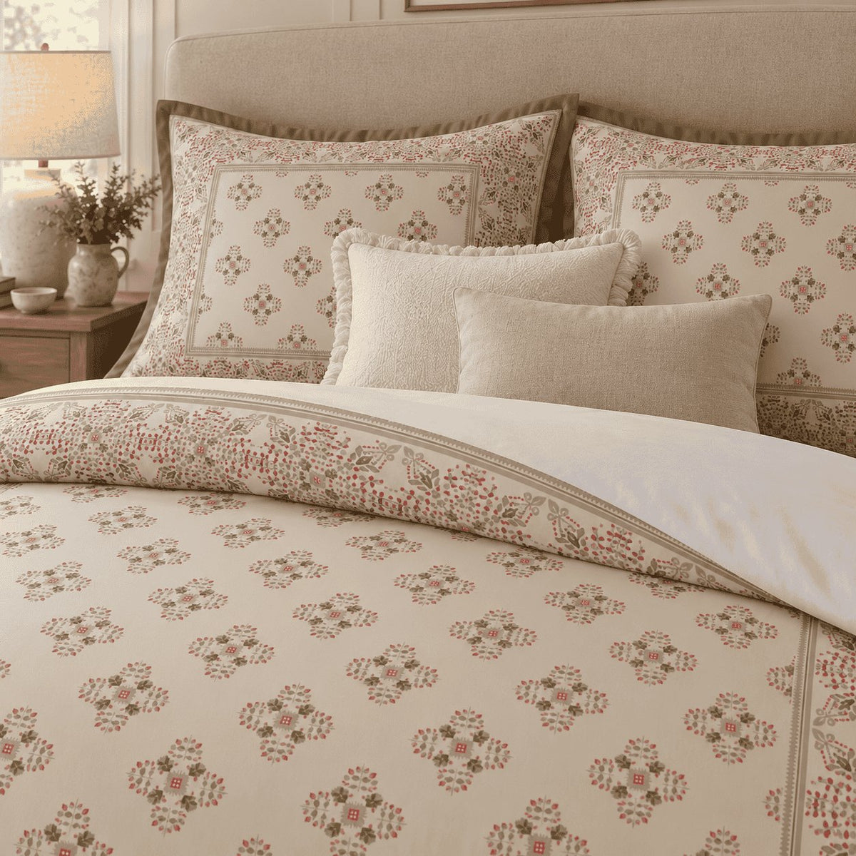 Sand Coral Framed Heritage duvet cover set, pillowcase detail showing framed folk tiles beside two ivory cushions