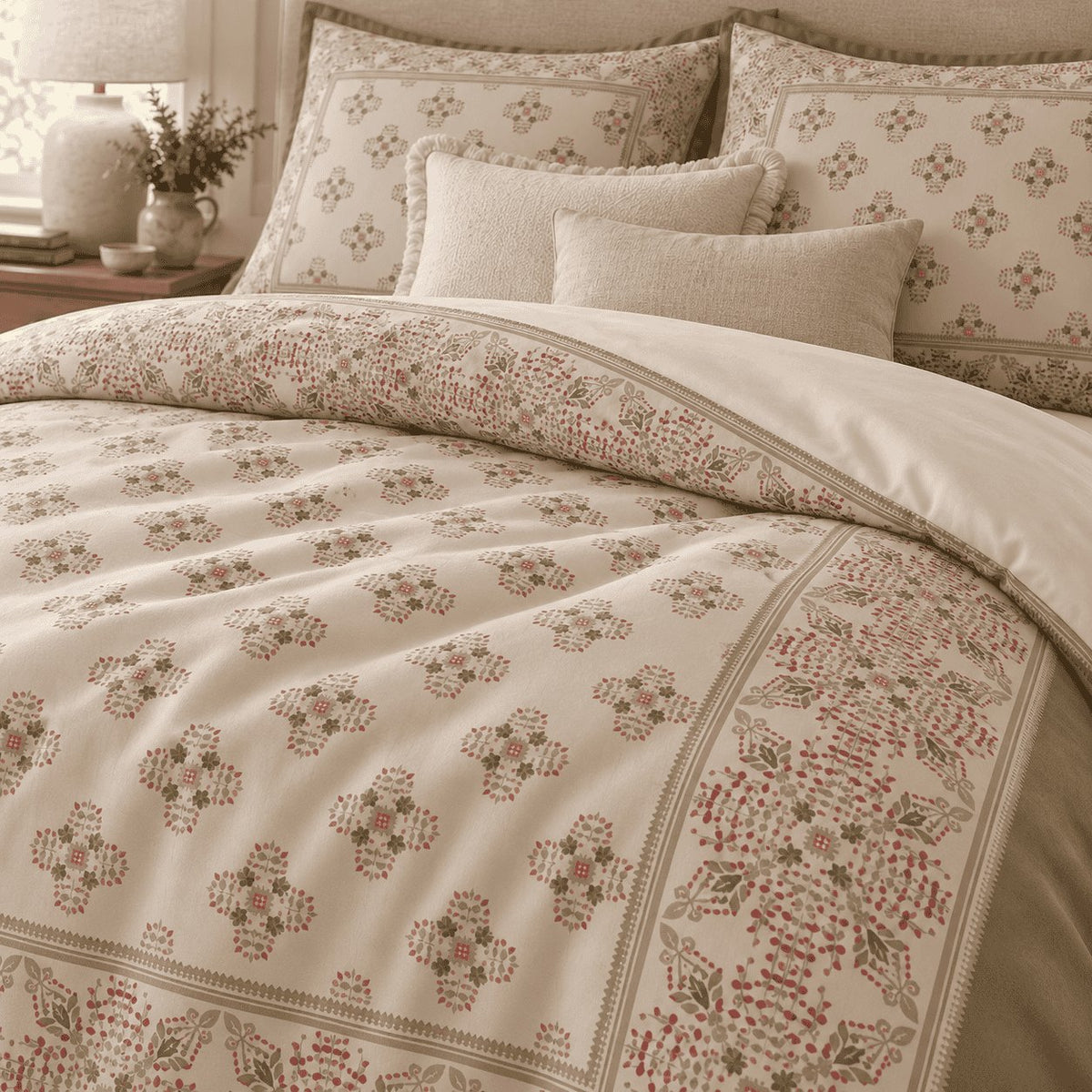 Sand Coral Framed Heritage duvet cover set, print detail showing four-petal tiles and the leaf and berry border