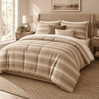 Sand Linen Texture Stripe duvet cover set, angled view showing narrow linen-texture stripes in sand and caramel