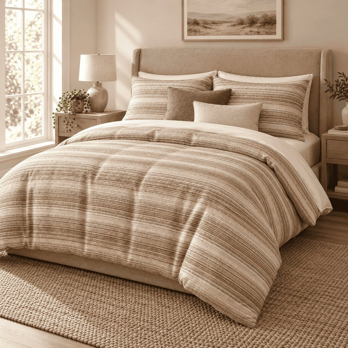 Sand Linen Texture Stripe duvet cover set, angled view showing narrow linen-texture stripes in sand and caramel