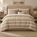 Sand Linen Texture Stripe duvet cover set, front view showing fine sand, taupe and caramel slub stripes