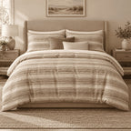 Sand Linen Texture Stripe duvet cover set, front view showing fine sand, taupe and caramel slub stripes
