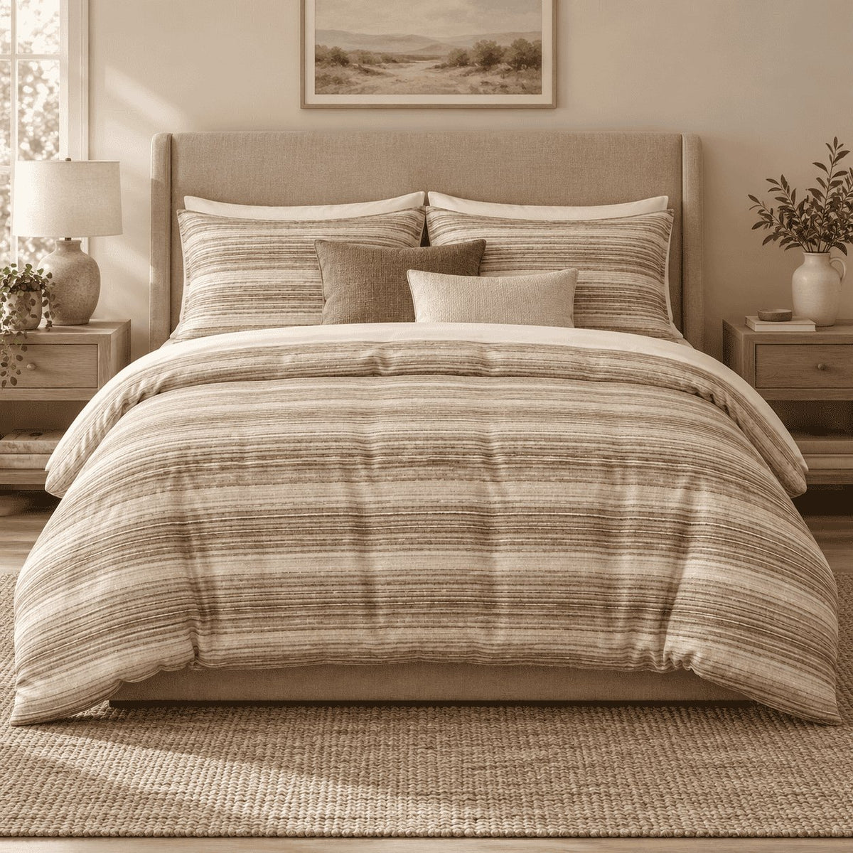 Sand Linen Texture Stripe duvet cover set, front view showing fine sand, taupe and caramel slub stripes