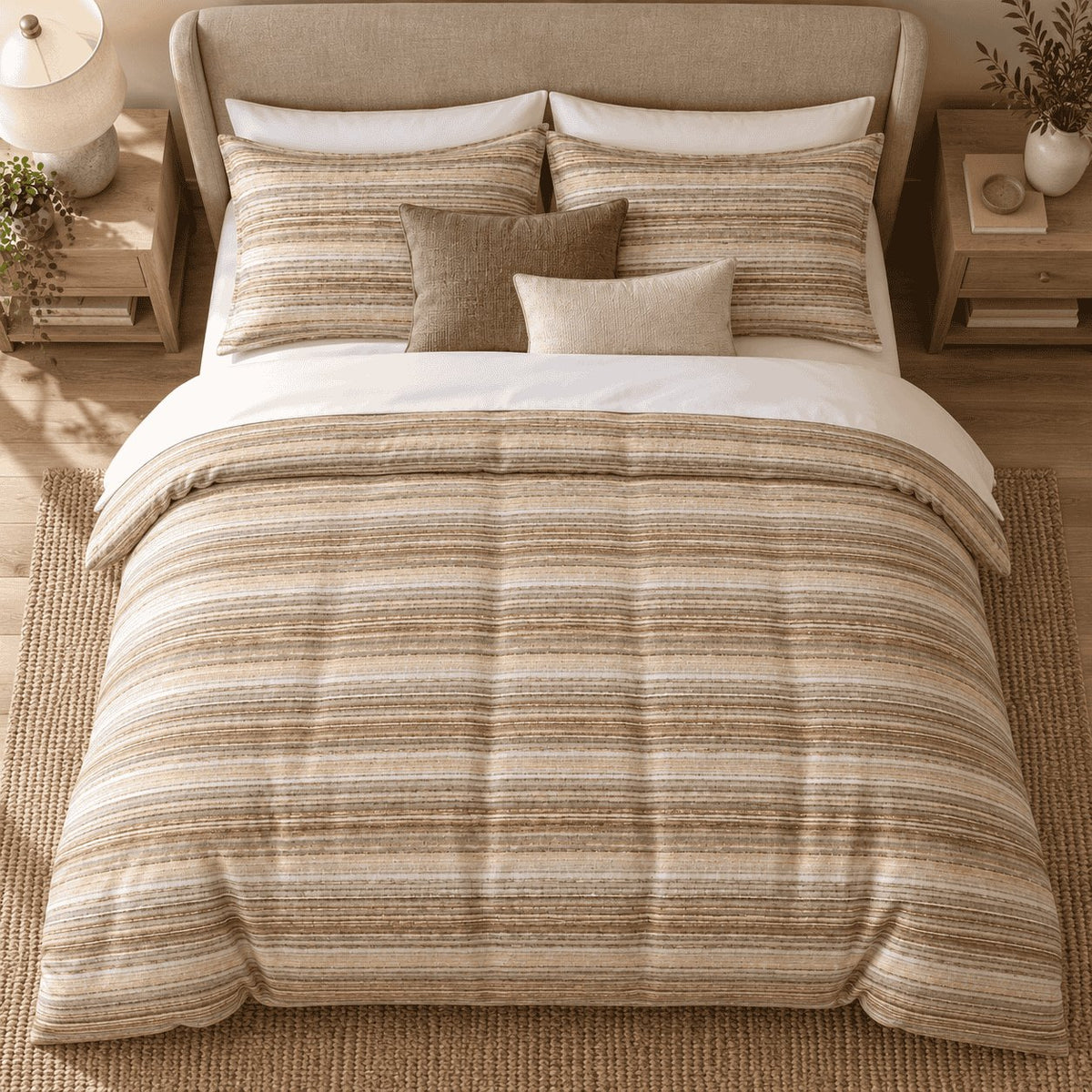 Sand Linen Texture Stripe duvet cover set, overhead view showing fine sand, cream and brown streaked stripes