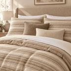 Sand Linen Texture Stripe duvet cover set, pillowcase detail showing striped pillowcases with mocha and sand cushions