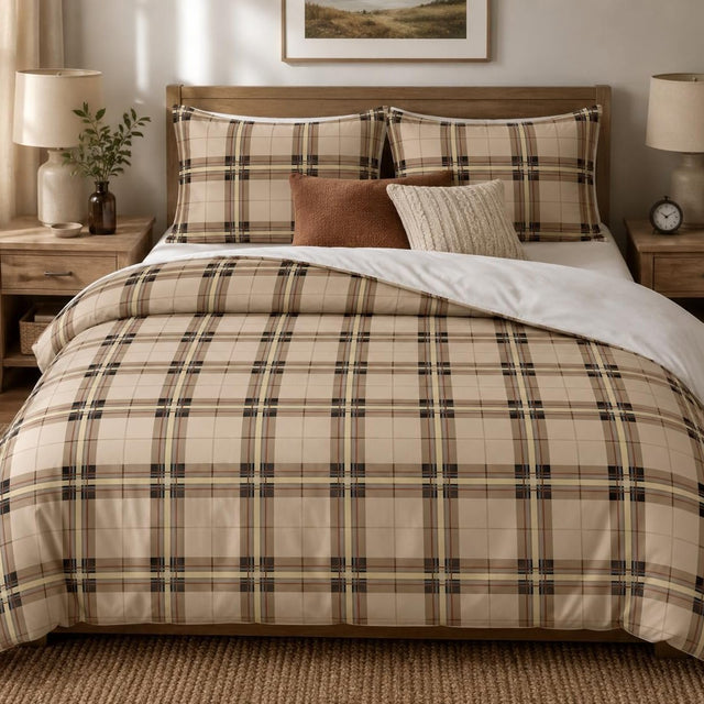 Sand Plaid duvet cover set, front view showing sand check with black and yellow stripes, corner folded to white reverse