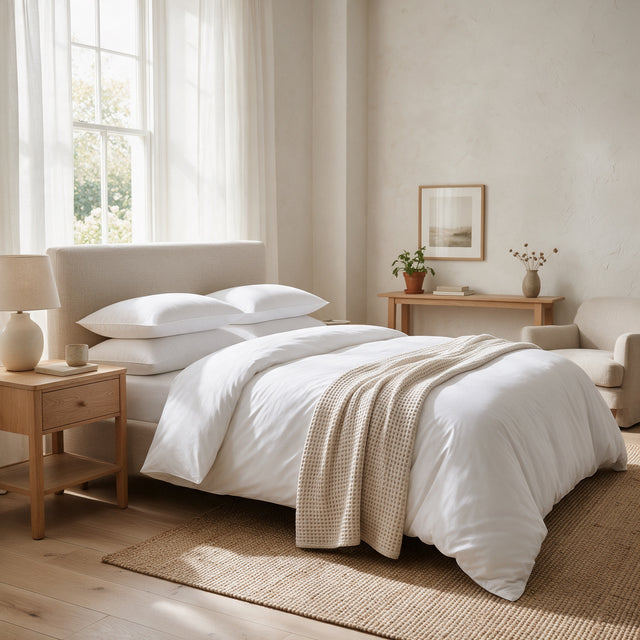 Satin Stripe Pillows 48x74 cm on a made bed with an oat linen headboard in morning light