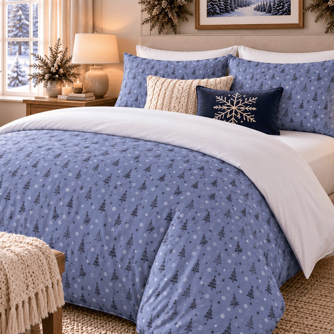 Serene Blue Christmas duvet cover set, angled view showing blue tree duvet with white turn-down and cream throw