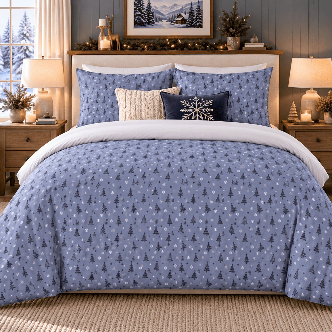 Serene Blue Christmas duvet cover set, close front view showing navy trees and white snowflakes on periwinkle blue