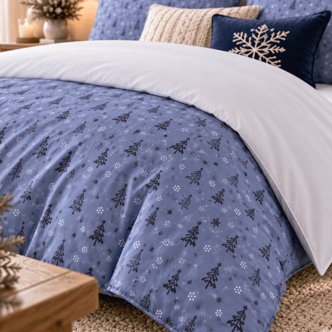 Serene Blue Christmas duvet cover set, print close-up showing small navy pine trees and white snowflakes