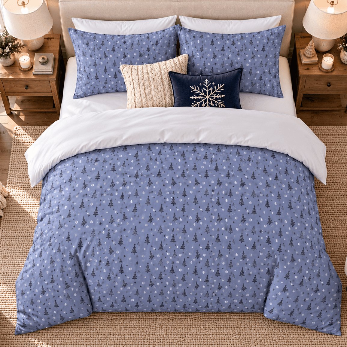 Serene Blue Christmas duvet cover set, overhead view showing full blue tree duvet and pillowcases from above