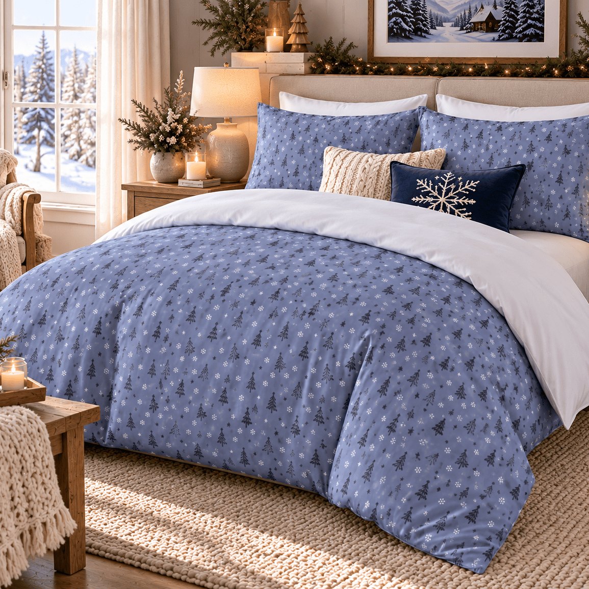 Serene Blue Christmas duvet cover set, room view showing blue tree bedding in a bedroom with a cream knit throw