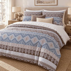 Slate Blue Aztec Stripe duvet cover set, angled view showing stepped Aztec diamonds on slate blue and mocha borders