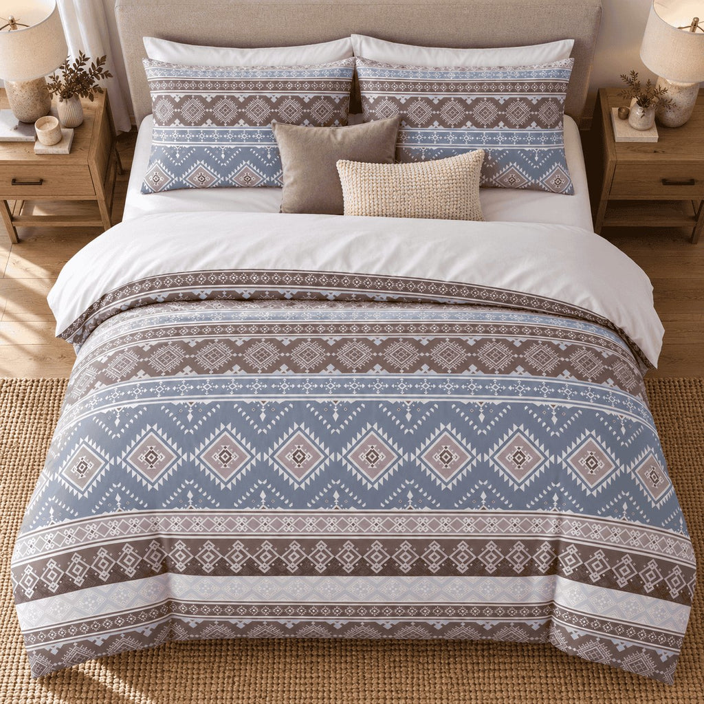 Slate Blue Aztec Stripe duvet cover set, overhead view showing slate blue diamonds and mocha borders