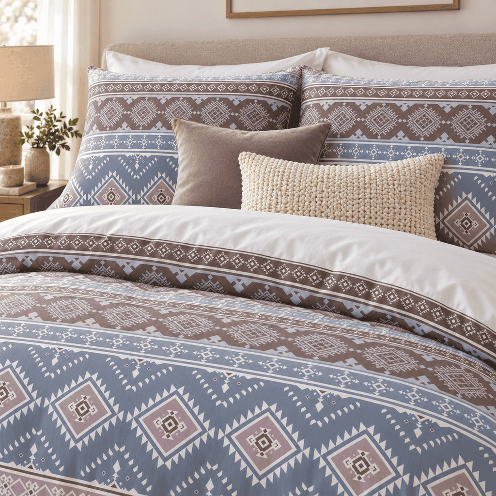 Slate Blue Aztec Stripe duvet cover set, pillowcase detail showing Aztec pillowcases, taupe velvet and cream knit cushions