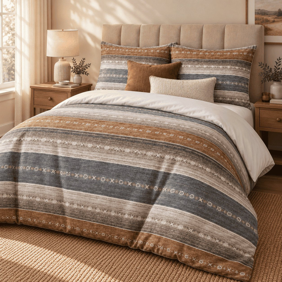 Slate Rust Woven Stripe duvet cover set, angled view showing space-dyed slate and rust bands on a jute rug