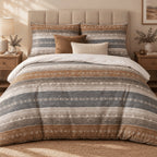 Slate Rust Woven Stripe duvet cover set, front view showing slate, rust and taupe woven-effect stripes