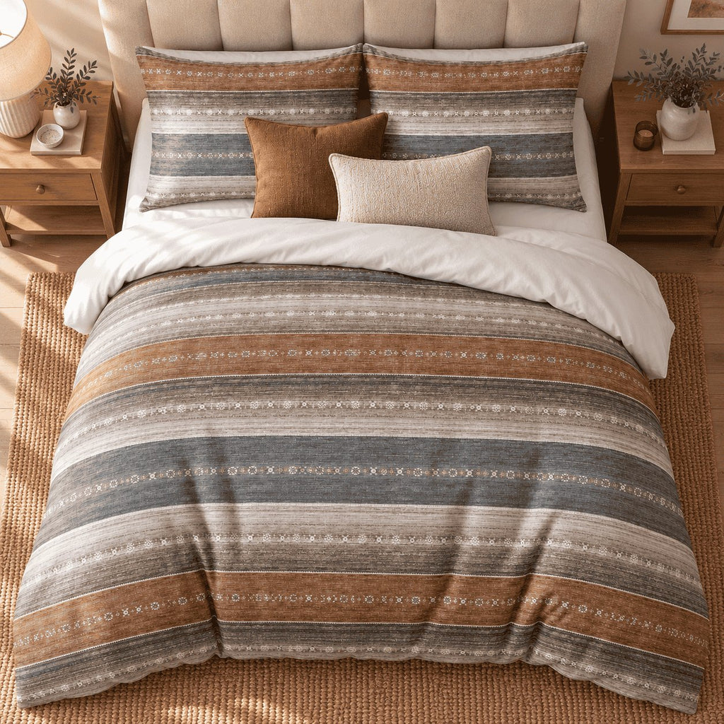 Slate Rust Woven Stripe duvet cover set, overhead view showing slate, rust and oatmeal bands and folk motifs