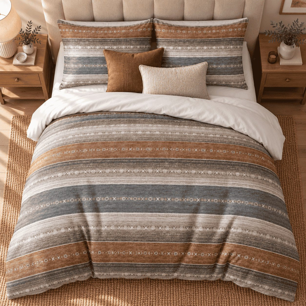 Slate Rust Woven Stripe duvet cover set, overhead view showing slate, rust and oatmeal bands and folk motifs