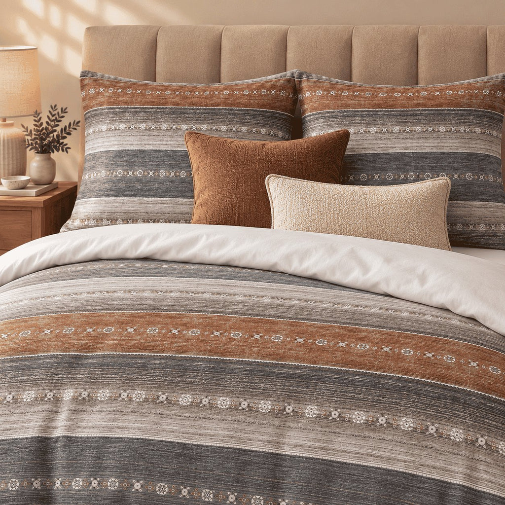 Slate Rust Woven Stripe duvet cover set, pillowcase detail showing woven stripe pillowcases with rust and oatmeal cushions