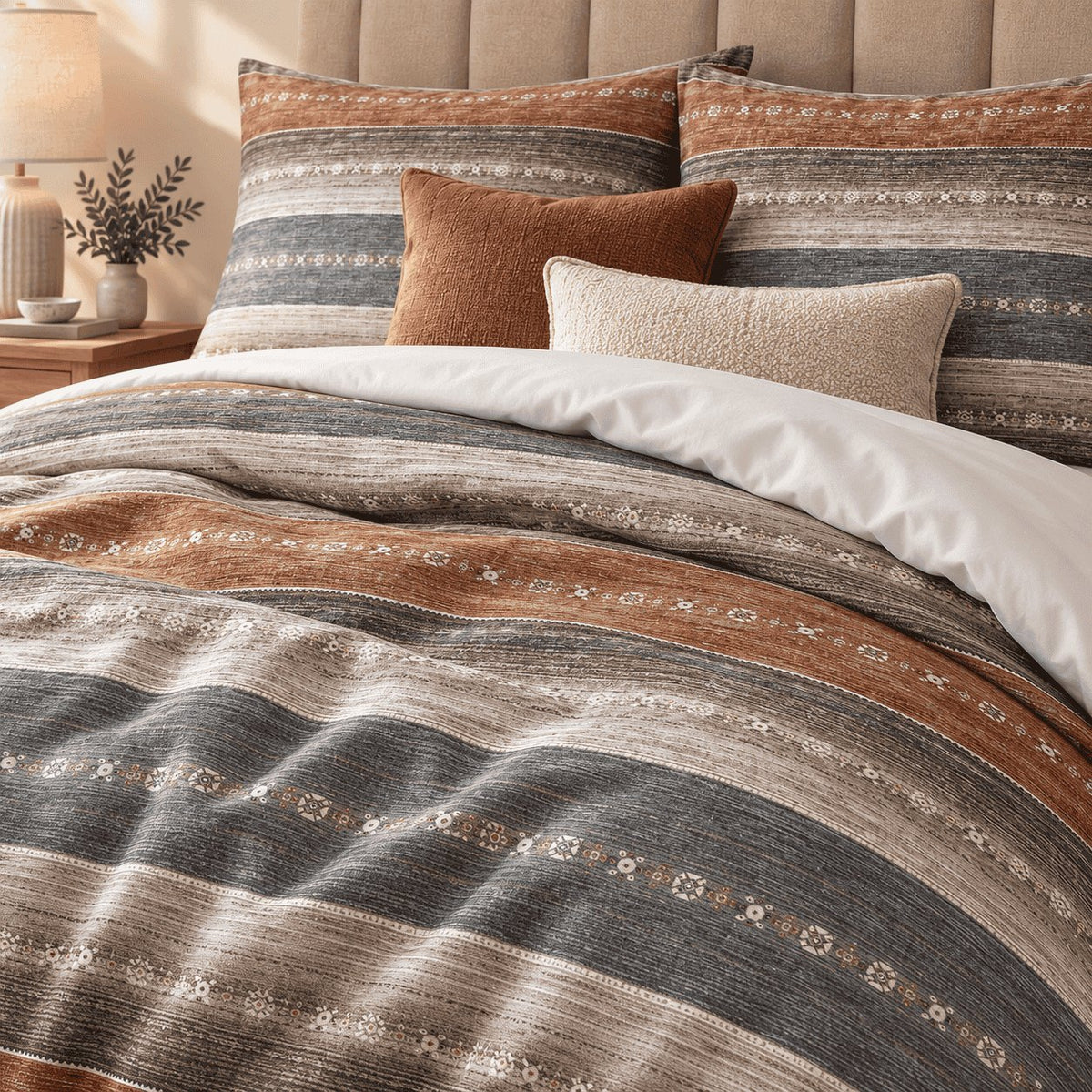 Slate Rust Woven Stripe duvet cover set, turndown detail showing rust and slate bands with rows of small ivory folk motifs