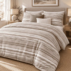 Stone Taupe Washed Stripe duvet cover set, angled view showing stone and taupe washed stripes of varied widths