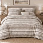 Stone Taupe Washed Stripe duvet cover set, front view showing brushed taupe and white watercolour stripes