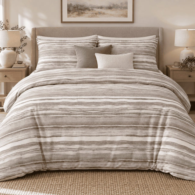 Stone Taupe Washed Stripe duvet cover set, front view showing brushed taupe and white watercolour stripes