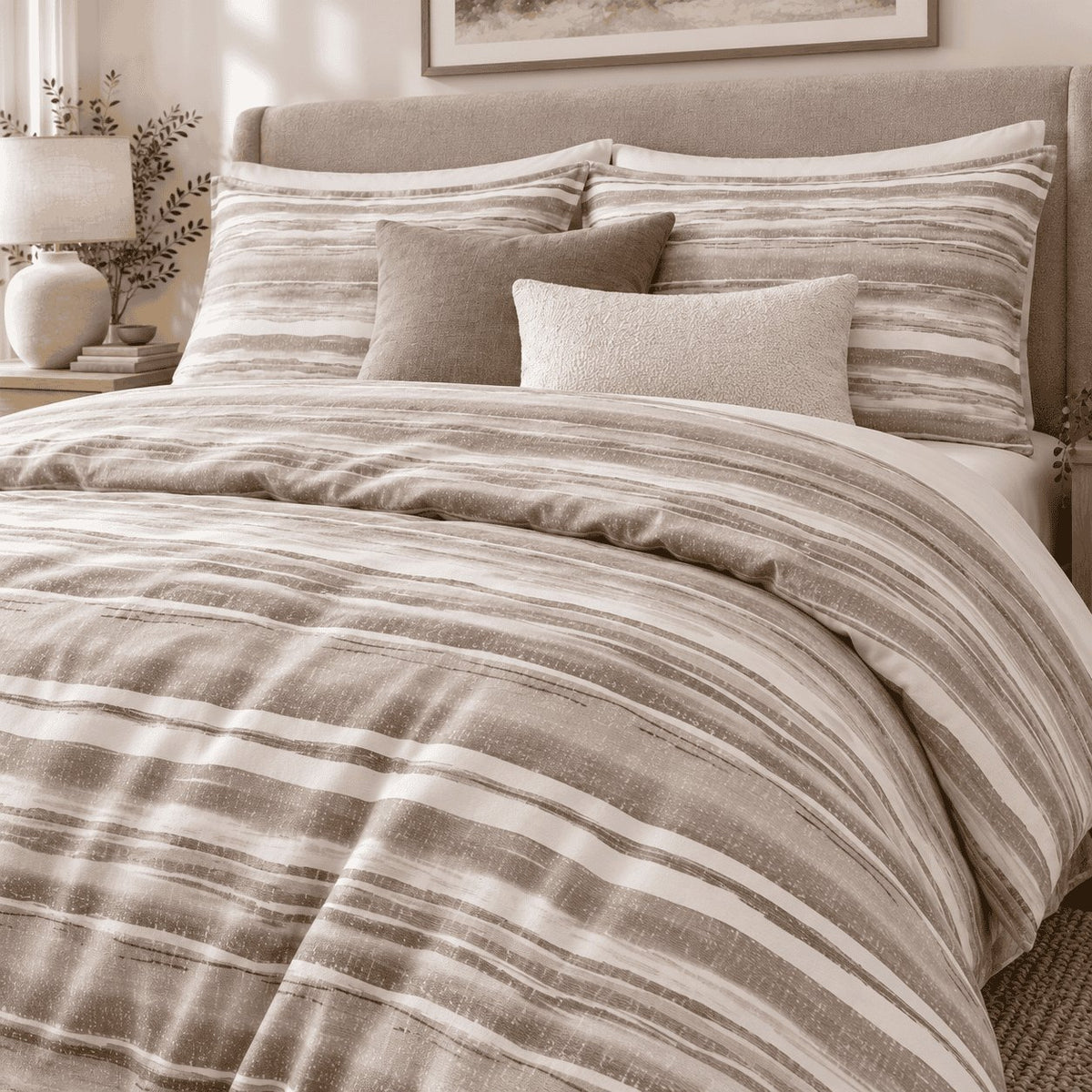 Stone Taupe Washed Stripe duvet cover set, turndown detail showing brushed taupe stripes with a speckled linen texture