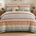 Sunset Watercolour Stripe duvet cover set, front view showing terracotta, peach, sage and blue stripes