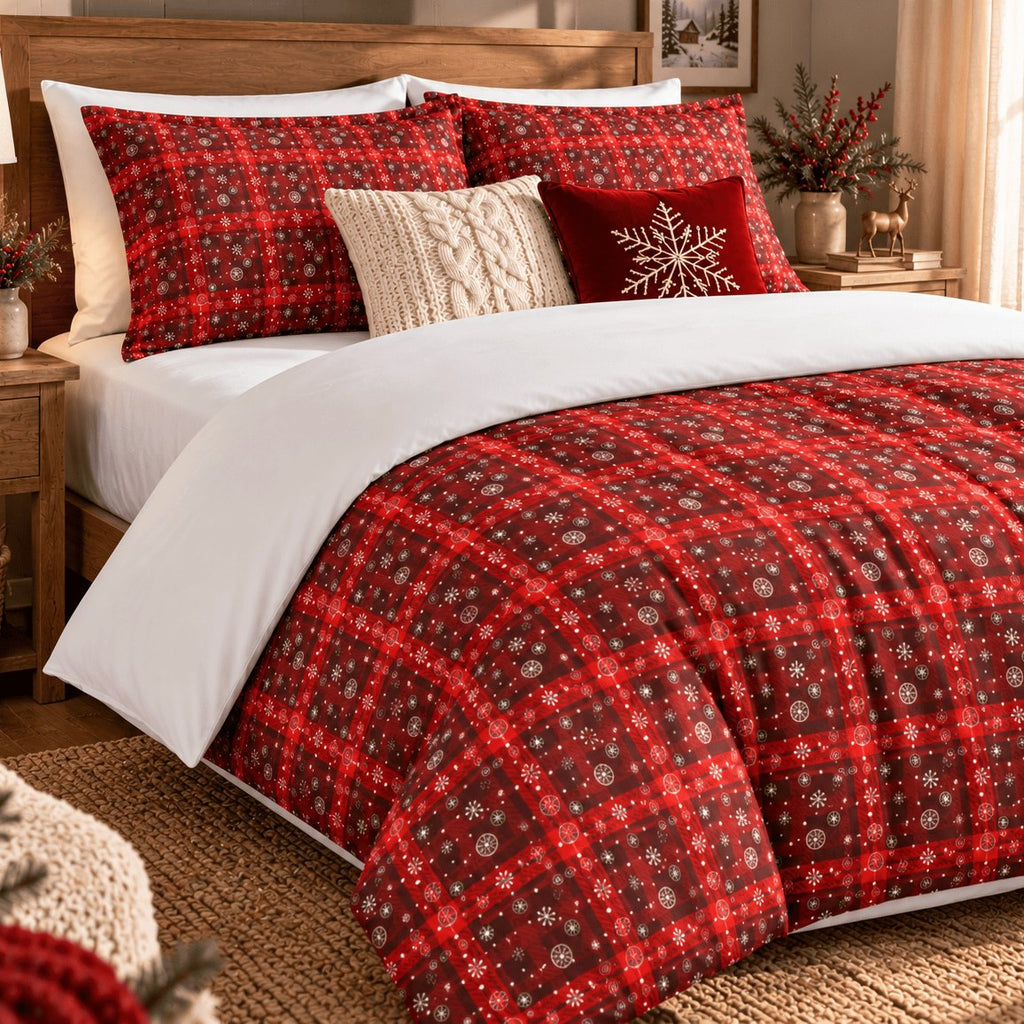 Tartan Snowflake Christmas duvet cover set, angled view showing red tartan check with white snowflakes and white turn-down