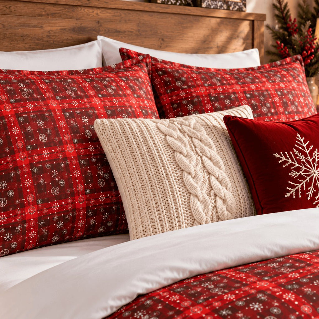 Tartan Snowflake Christmas duvet cover set, pillowcase close-up showing tartan pillowcases and snowflake cushion