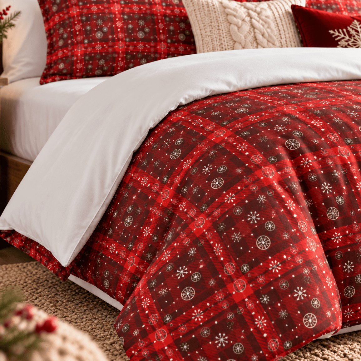 Tartan Snowflake Christmas duvet cover set, print close-up showing red check with white snowflakes and the white reverse
