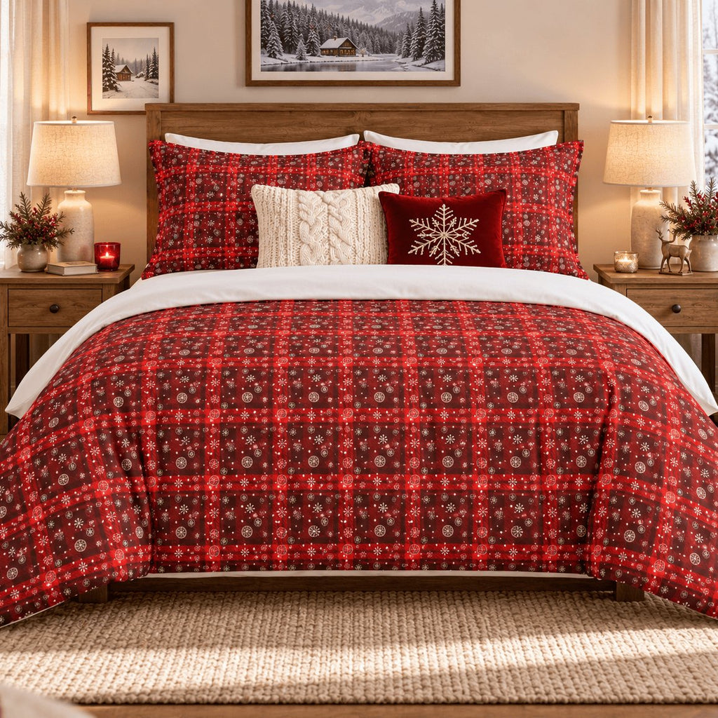 Tartan Snowflake Christmas duvet cover set, front view showing red tartan duvet, matching pillowcases and snowflake cushion
