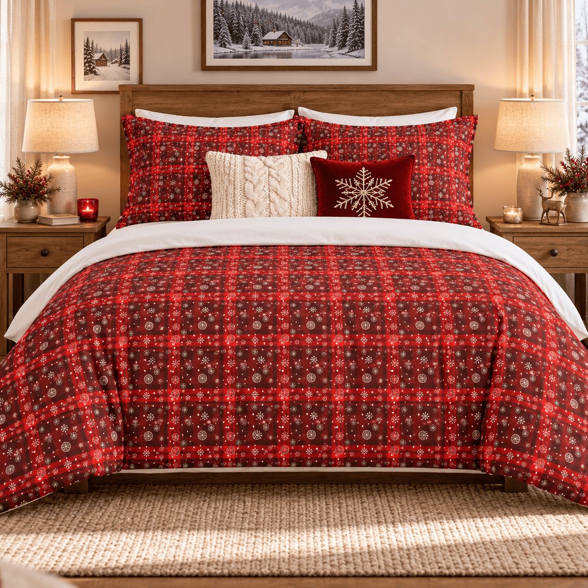 Tartan Snowflake Christmas duvet cover set, front view showing red tartan duvet, matching pillowcases and snowflake cushion