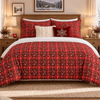 Tartan Snowflake Christmas duvet cover set, front view showing red tartan duvet, matching pillowcases and snowflake cushion