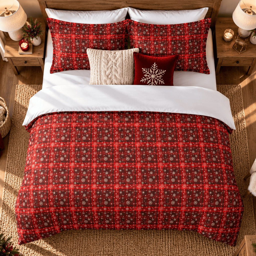 Tartan Snowflake Christmas duvet cover set, overhead view showing full tartan duvet, pillowcases and cushions from above