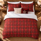 Tartan Snowflake Christmas duvet cover set, overhead view showing full tartan duvet, pillowcases and cushions from above