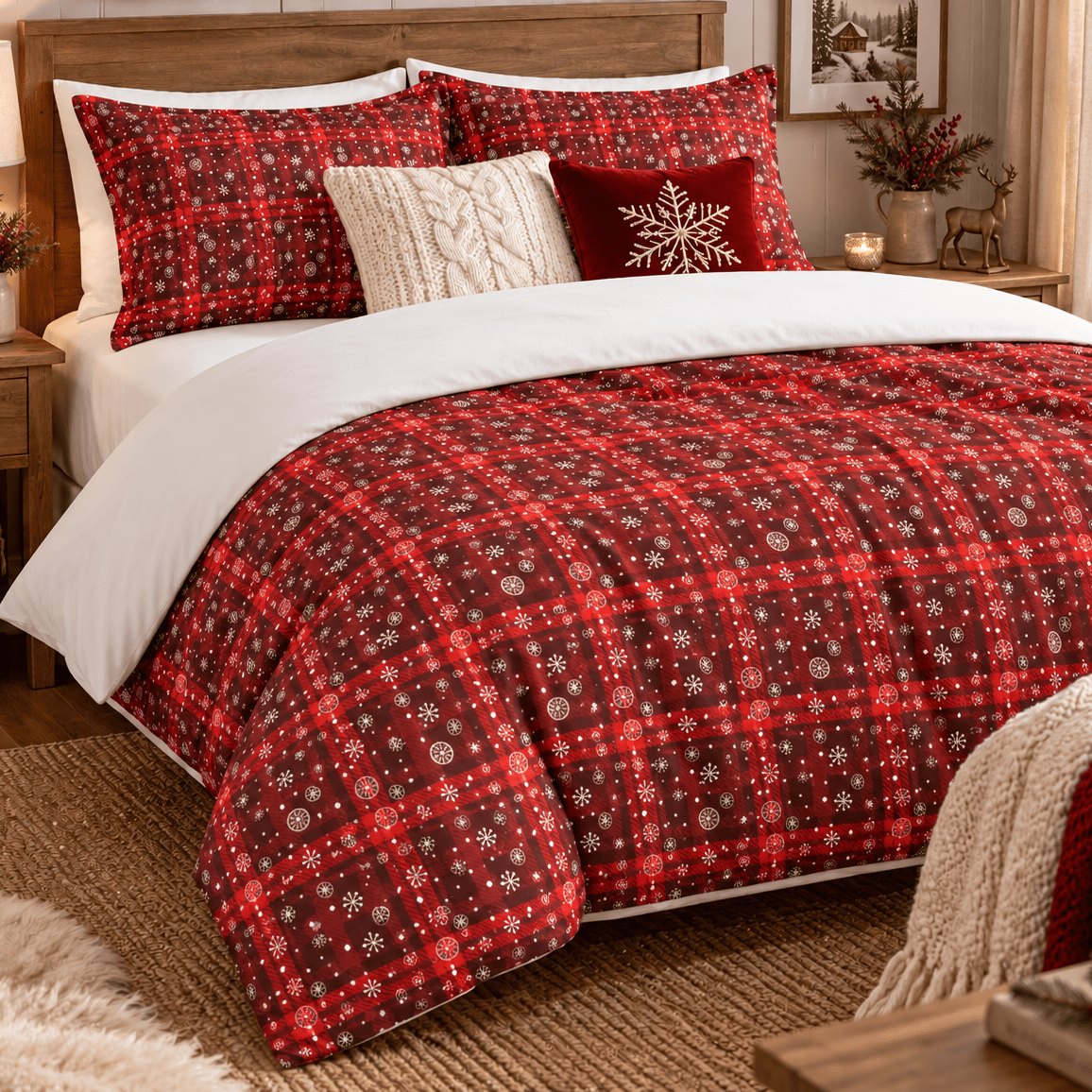 Tartan Snowflake Christmas duvet cover set, right angled view showing tartan duvet with cream knit throw at the foot