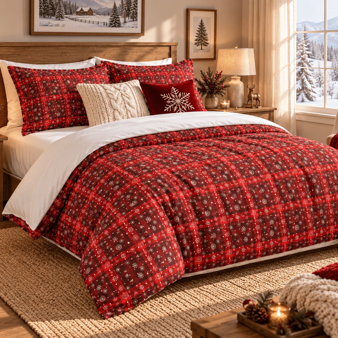Tartan Snowflake Christmas duvet cover set, room view showing tartan bed in a snowy-window bedroom