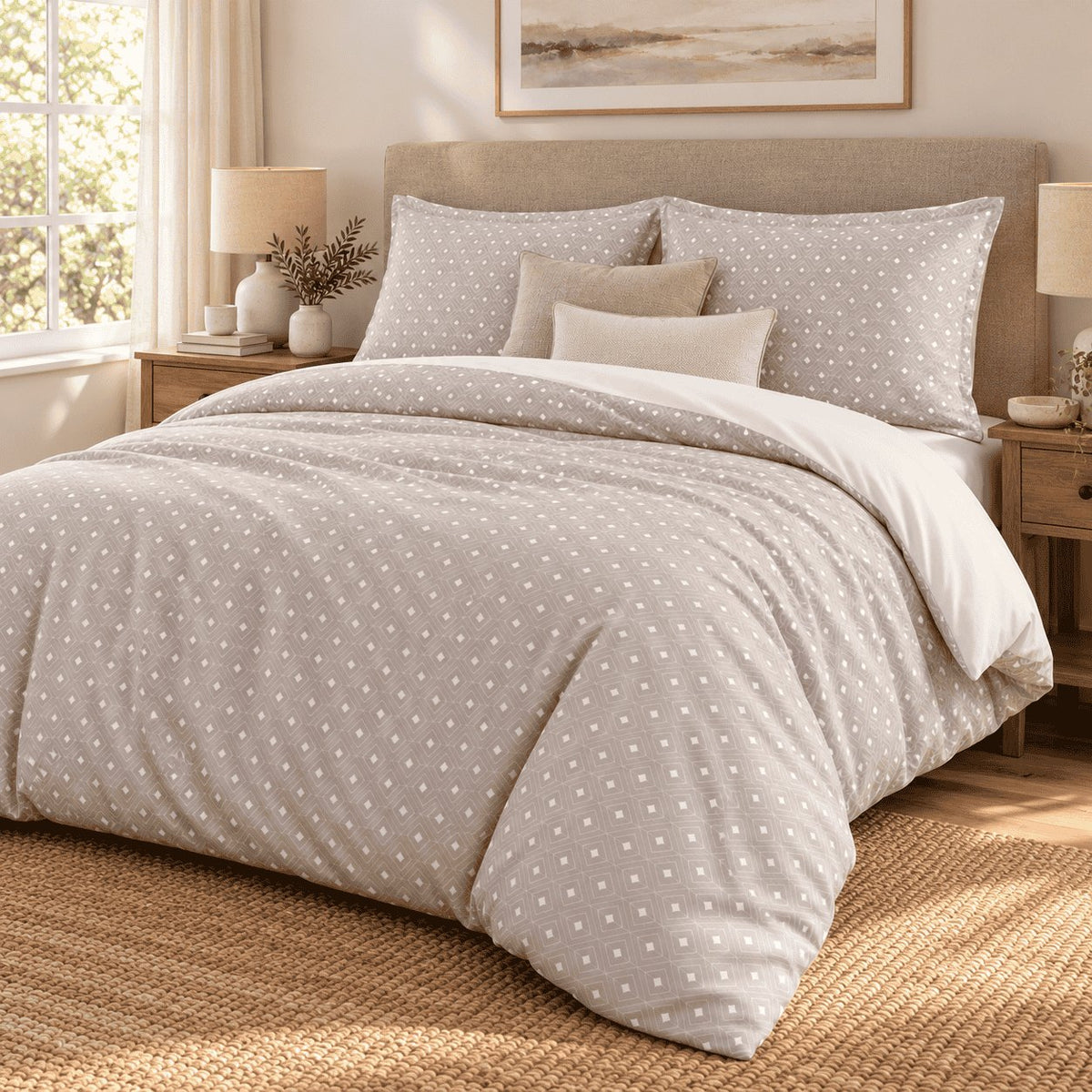 Taupe Diamond Trellis duvet cover set, angled view showing the taupe trellis print falling to a jute rug in sunlight