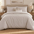 Taupe Diamond Trellis duvet cover set, front view showing white squares on taupe, two pillowcases and linen cushions