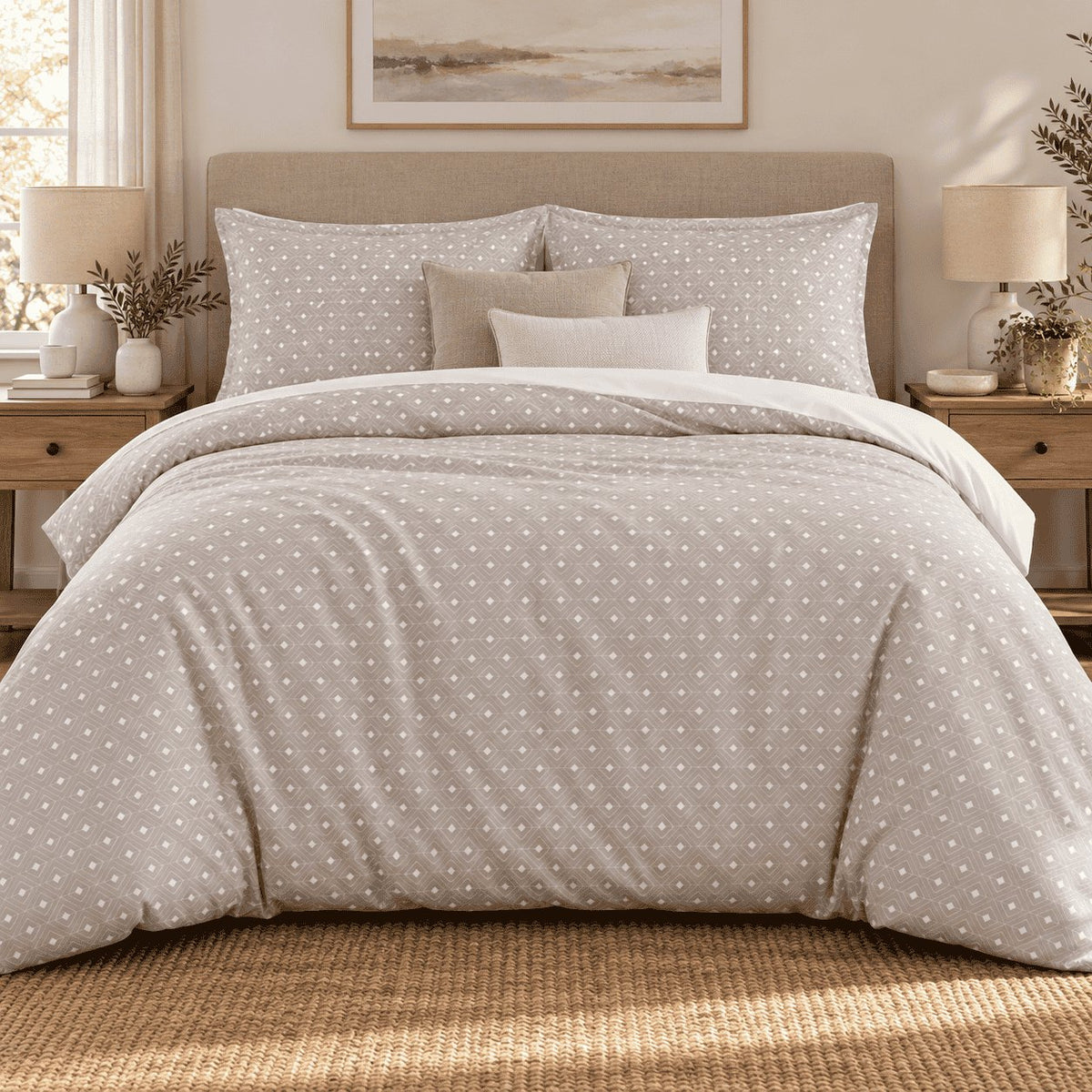 Taupe Diamond Trellis duvet cover set, front view showing white squares on taupe, two pillowcases and linen cushions