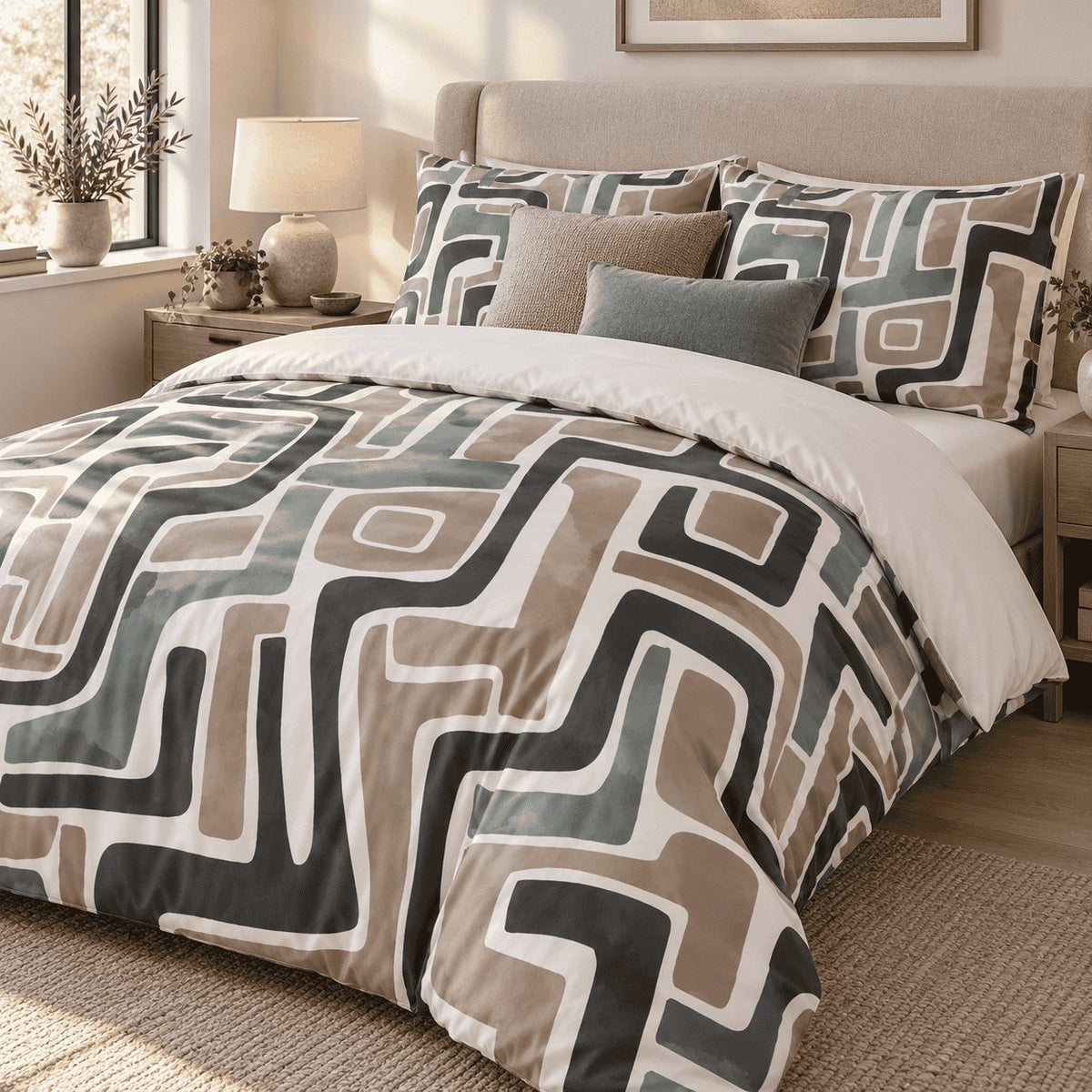 Taupe Sage Maze Abstract duvet cover set, angled view showing the watercolour maze print beside a window